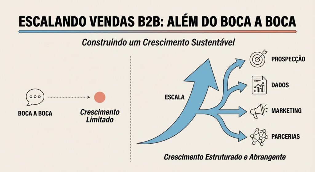 Infográfico educativo mostrando a transição de vendas B2B dependentes de indicações boca a boca para um modelo de escala estruturada com prospecção, dados e marketing, destacando um crescimento mais amplo e sustentável.