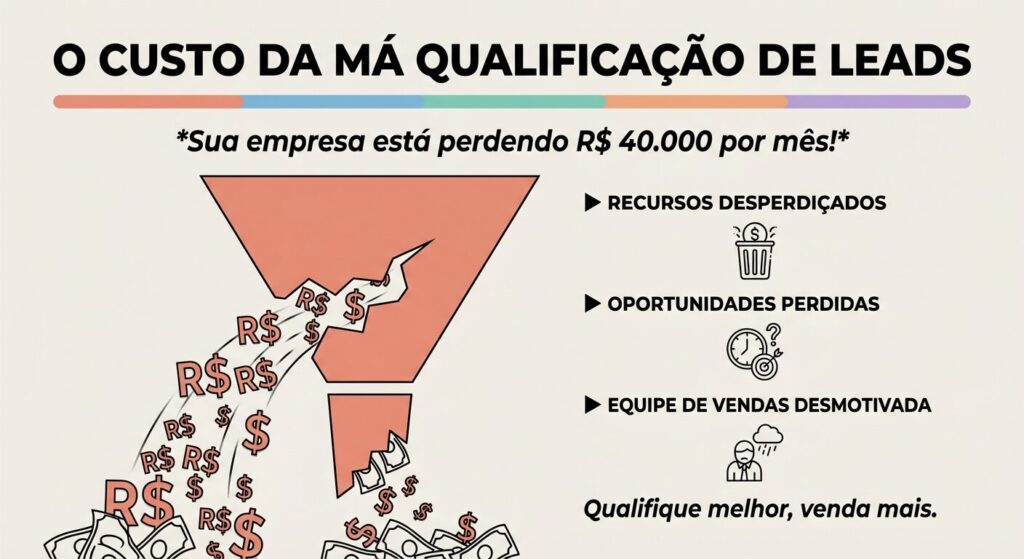 Infográfico mostrando um funil de vendas 'quebrado' com dinheiro escorrendo, simbolizando a perda de R$ 40.000 mensais devido à má qualificação de leads. O título é 'O CUSTO DA MÁ QUALIFICAÇÃO DE LEADS' e inclui bullet points sobre recursos desperdiçados e equipe desmotivada.