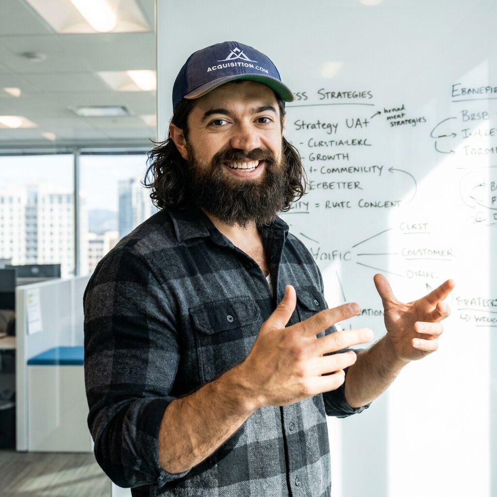 Retrato editorial de Alex Hormozi, empreendedor e autor, em um ambiente de negócios moderno. Ele está sorrindo e olhando para a câmera, transmitindo confiança e experiência no mundo corporativo.