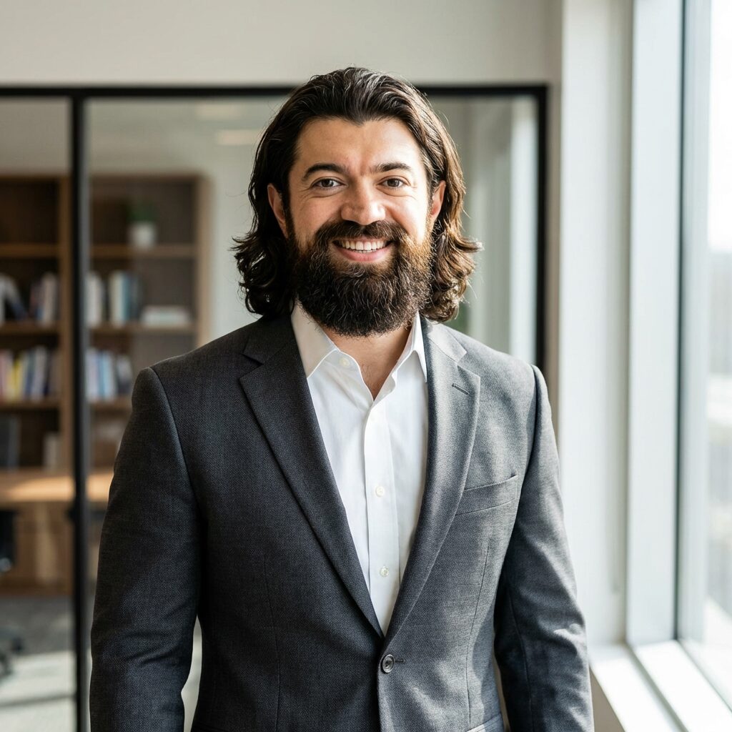 Alex Hormozi, autor do livro '100 Million Dollar Offers', em um cenário profissional, simbolizando a criação de ofertas irresistíveis no contexto de serviços corporativos.