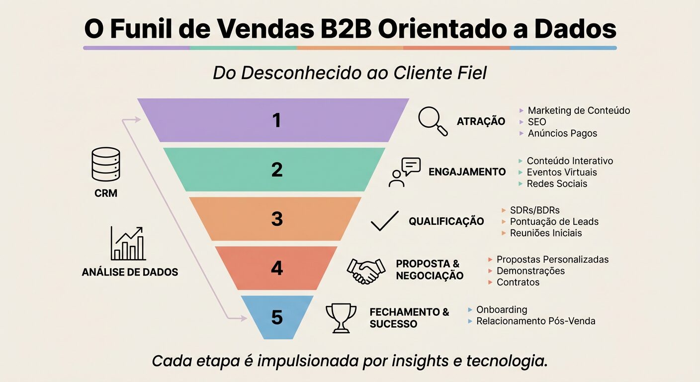 Infográfico educativo detalhando um funil de vendas B2B com cinco etapas sequenciais: Atração, Engajamento, Qualificação, Proposta e Negociação, e Fechamento e Sucesso, enfatizando a importância da análise de dados e tecnologia como CRM.