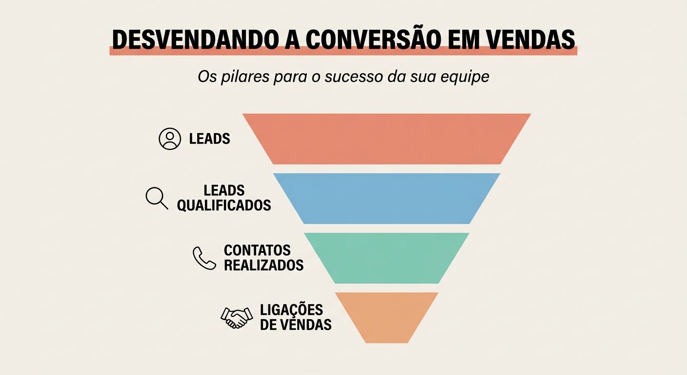 Infográfico em formato de funil intitulado "DESVENDANDO A CONVERSÃO EM VENDAS", detalhando as quatro etapas: Leads, Leads Qualificados, Contatos Realizados e Ligações de Vendas, cada uma com seu rótulo e ícone correspondente.