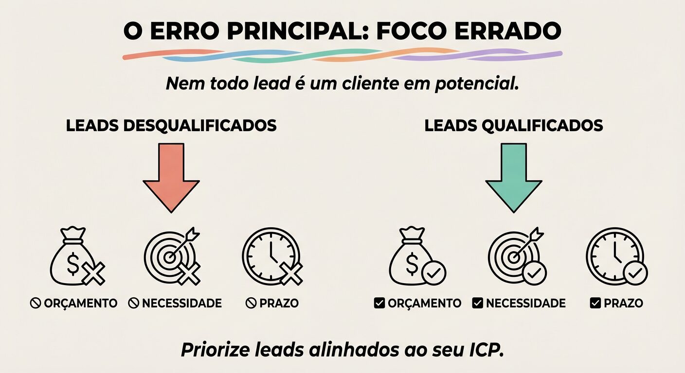 Infográfico educativo com o título 'O ERRO PRINCIPAL: FOCO ERRADO', mostrando leads desqualificados com ícones de negação e leads qualificados com ícones de aprovação, destacando a importância de focar em leads alinhados ao perfil de cliente ideal.