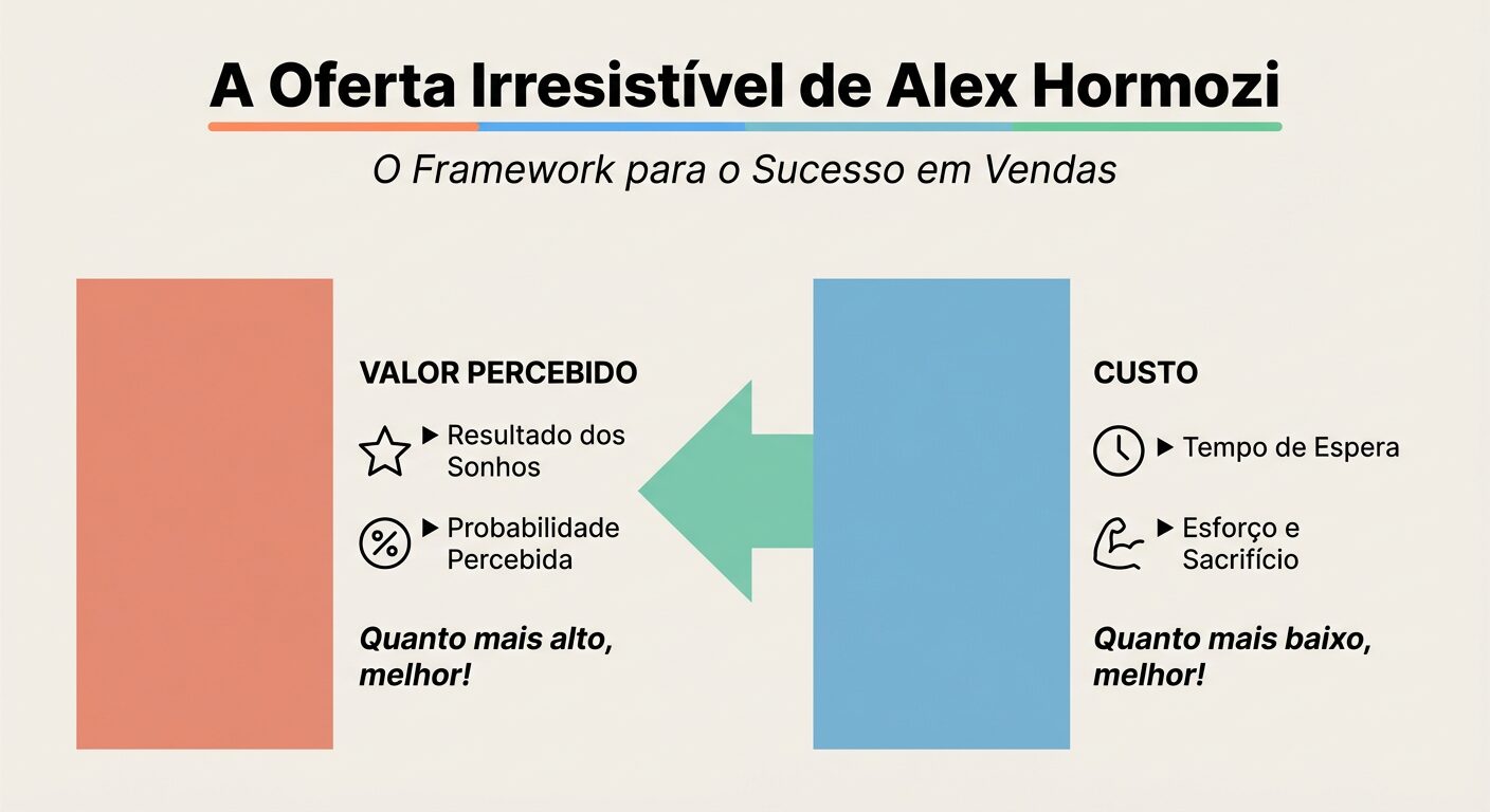 Infográfico educativo explicando a "Oferta Irresistível" de Alex Hormozi. Ele destaca dois blocos principais: "Valor Percebido" (Resultado dos Sonhos e Probabilidade Percebida) e "Custo" (Tempo de Espera e Esforço e Sacrifício), com uma seta verde-água indicando a otimização entre eles.