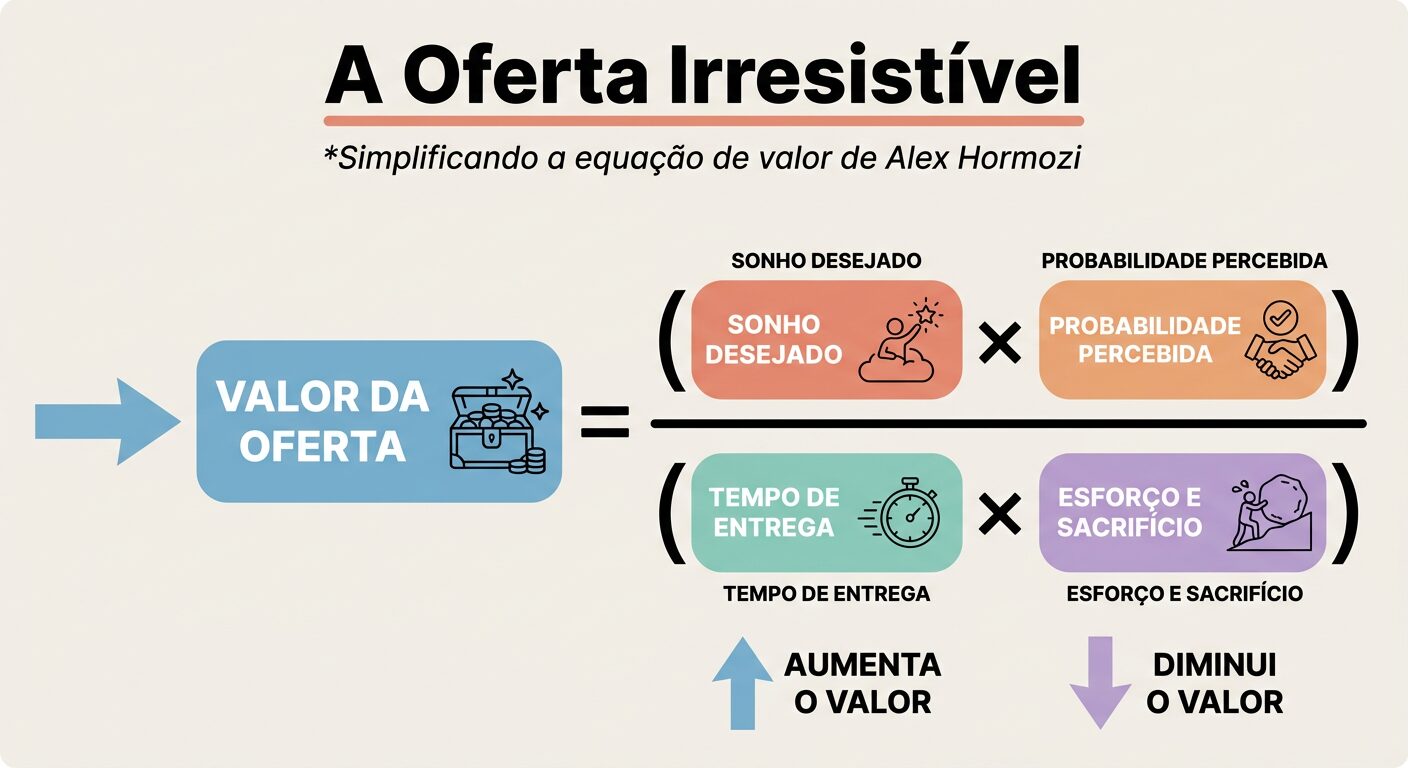 Infográfico educativo sobre a Equação de Valor de Alex Hormozi, mostrando a fórmula para criar uma oferta irresistível: Valor da Oferta é proporcional ao Sonho Desejado e Probabilidade Percebida, e inversamente proporcional ao Tempo de Entrega e Esforço e Sacrifício.