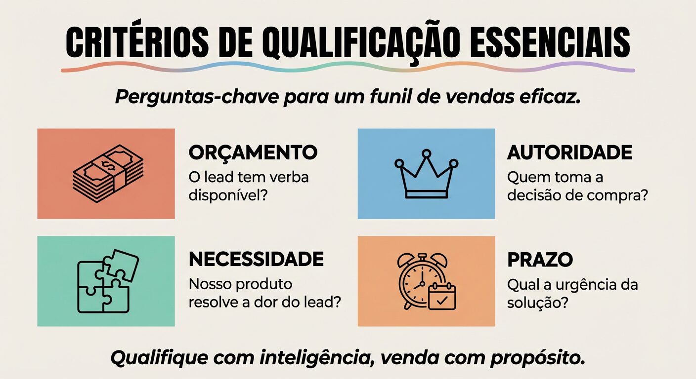Infográfico educativo mostrando quatro caixas coloridas com ícones e texto, descrevendo os 'CRITÉRIOS DE QUALIFICAÇÃO ESSENCIAIS': Orçamento, Autoridade, Necessidade e Prazo, para um funil de vendas mais eficaz.