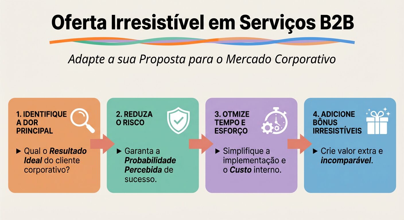 Infográfico educativo com 4 passos para aplicar a Oferta Irresistível em serviços B2B: Identificar a dor principal, Reduzir o risco, Otimizar tempo e esforço, e Adicionar bônus irresistíveis. Cada passo é representado por um bloco colorido e um ícone.