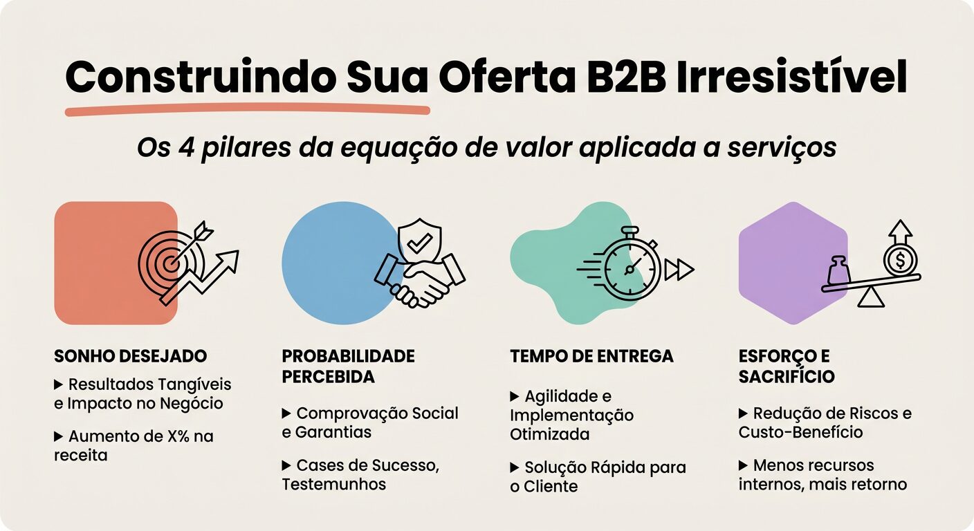 Infográfico educativo detalhando os quatro pilares da oferta irresistível de Alex Hormozi aplicados a serviços B2B: Sonho Desejado (Resultados Tangíveis), Probabilidade Percebida (Comprovação Social), Tempo de Entrega (Agilidade) e Esforço e Sacrifício (Redução de Riscos).