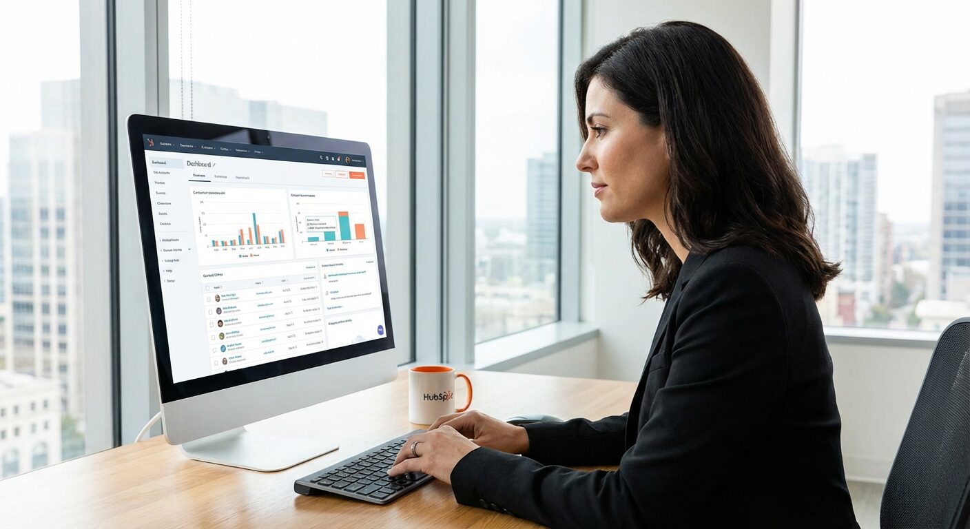 Foto realista editorial de um ambiente de escritório moderno, onde um profissional visualiza a interface do HubSpot CRM em uma tela de computador, simbolizando a automação e gestão eficiente de vendas B2B através da tecnologia.