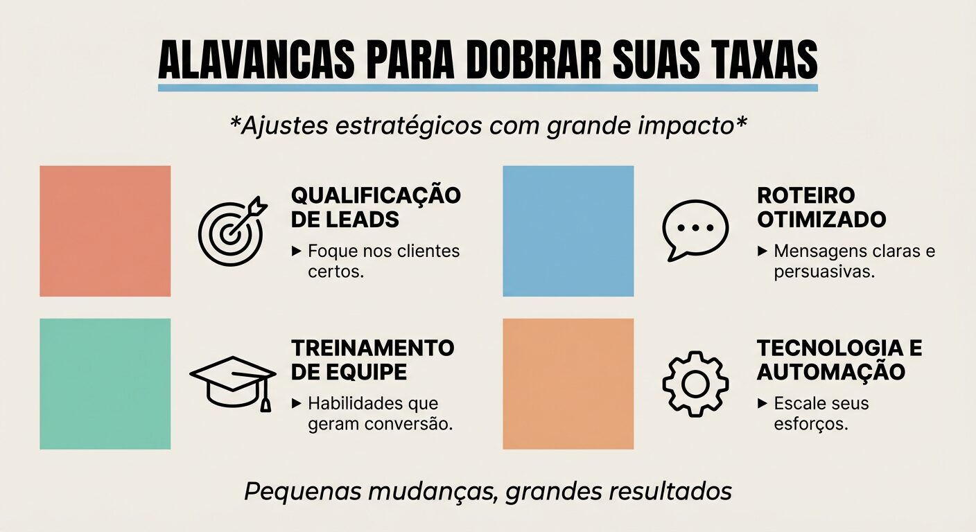 Infográfico intitulado "ALAVANCAS PARA DOBRAR SUAS TAXAS" com quatro blocos coloridos, cada um destacando uma estratégia com ícone e texto: Qualificação de Leads, Roteiro Otimizado, Treinamento de Equipe e Tecnologia e Automação, finalizando com a frase "Pequenas mudanças, grandes resultados".