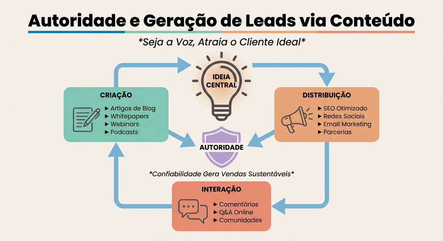 Infográfico educativo que ilustra uma estratégia completa para construir autoridade e gerar leads B2B através da criação de conteúdo (artigos, webinars), sua distribuição eficaz e a interação com o público, culminando na geração de confiança e vendas sustentáveis.