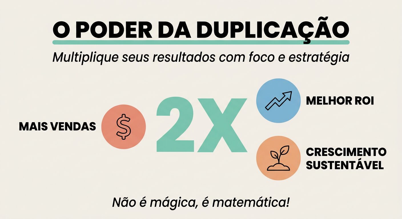 Infográfico vibrante com o título "O PODER DA DUPLICAÇÃO", centralizado por um grande "2X", rodeado por três ícones e rótulos: Mais Vendas, Melhor ROI e Crescimento Sustentável, concluindo com a frase "Não é mágica, é matemática!".