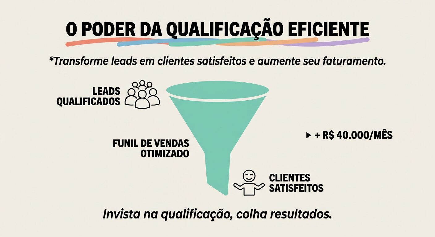 Infográfico educativo com o título 'O PODER DA QUALIFICAÇÃO EFICIENTE', ilustrando um funil de vendas otimizado que converte leads qualificados em clientes satisfeitos, resultando em aumento de faturamento e produtividade da equipe.