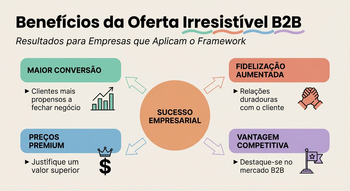 Infográfico educativo com os benefícios da aplicação da Oferta Irresistível no contexto B2B. Os benefícios incluem maior conversão, fidelização aumentada, preços premium e vantagem competitiva, dispostos em caixas coloridas em torno de um círculo central de "Sucesso Empresarial".