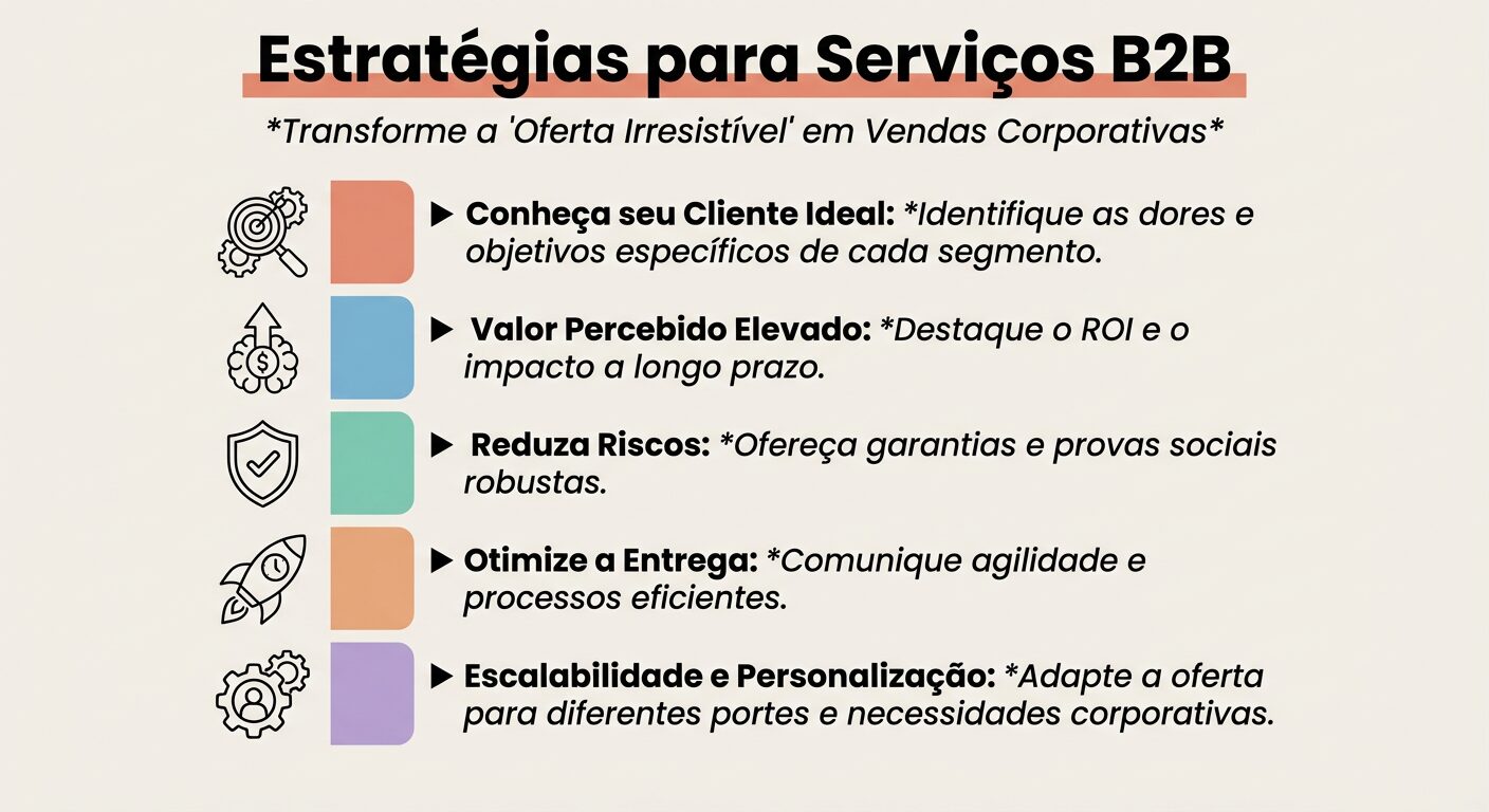 Infográfico educativo com estratégias para aplicar a oferta irresistível de Alex Hormozi em serviços B2B, incluindo conhecer o cliente, elevar o valor percebido, reduzir riscos, otimizar a entrega e focar em escalabilidade e personalização.