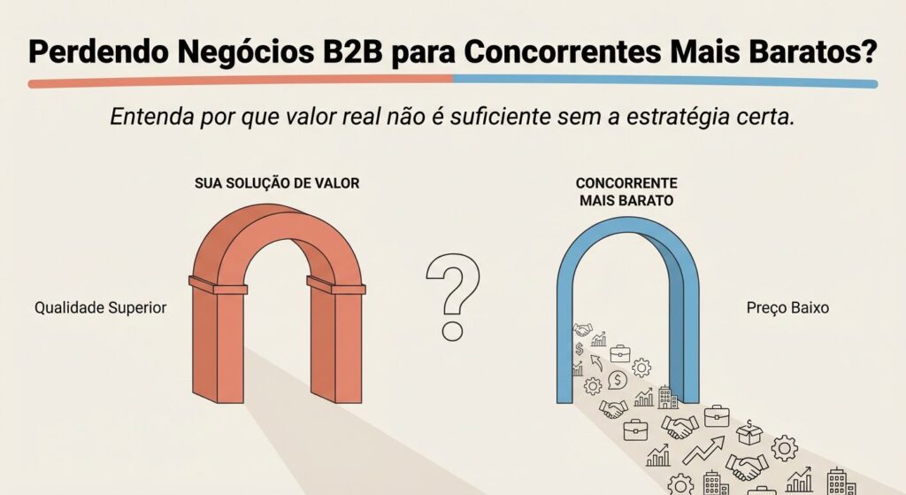 Infográfico educativo mostrando duas portas em caminhos paralelos. Uma porta robusta, 'Sua Solução de Valor', está vazia. A outra, mais simples, 'Concorrente Mais Barato', está cheia de clientes, com um ponto de interrogação no meio, simbolizando a perda de negócios para opções mais baratas.