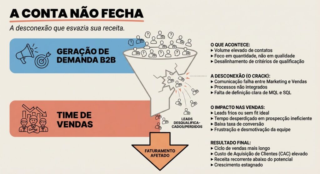 Infográfico educativo mostrando um funil de vendas quebrado, representando a desconexão entre a geração de demanda B2B (Marketing) e o time de vendas, resultando em leads perdidos e faturamento afetado. O título é 'A Conta Não Fecha'.
