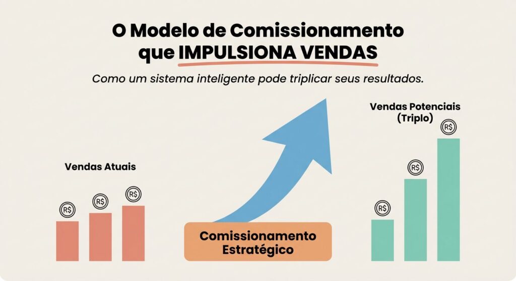 Infográfico mostrando uma flecha para cima com gráficos de barras 'Vendas Atuais' e 'Vendas Potenciais (Triplo)', representando o crescimento impulsionado por um Comissionamento Estratégico. O título é 'O Modelo de Comissionamento que IMPULSIONA VENDAS'.