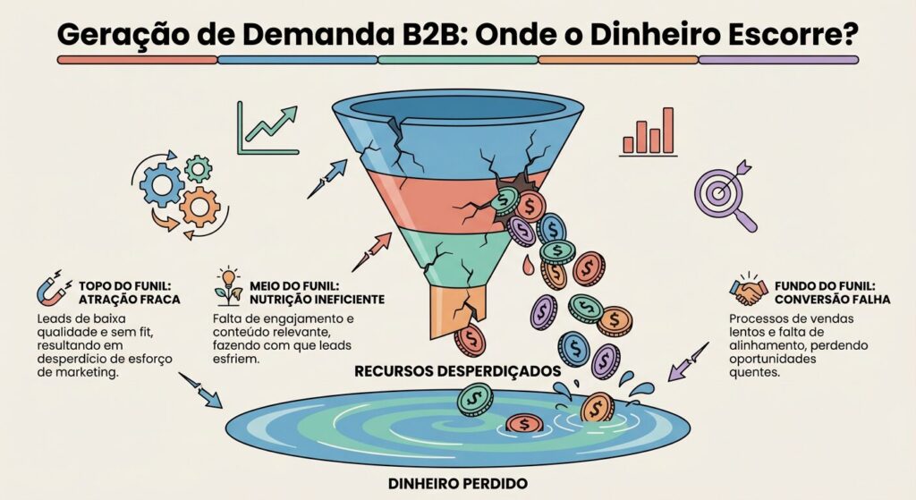 Infográfico com título 'Geração de Demanda B2B: Onde o Dinheiro Escorre?', mostrando um funil de vendas rachado e vazando moedas, simbolizando perda de dinheiro e recursos em processos de geração de demanda B2B.