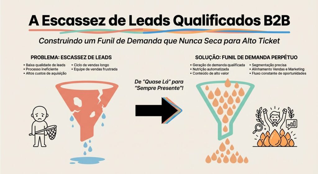 Infográfico comparando um funil de leads escasso e com vazamentos, simbolizando a falta de leads qualificados em B2B, com um funil de demanda cheio e fluindo continuamente, representando a solução para vendas de alto ticket.