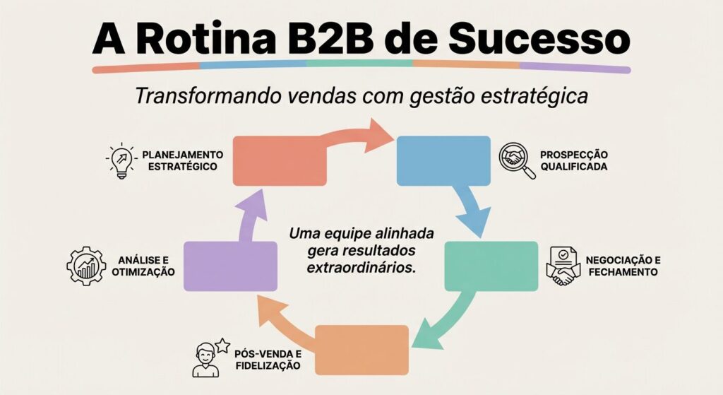 Infográfico educativo sobre a rotina de sucesso da gestão comercial B2B, mostrando um ciclo com as etapas de planejamento estratégico, prospecção qualificada, negociação e fechamento, pós-venda e fidelização, e análise e otimização. No centro, a frase 'Uma equipe alinhada gera resultados extraordinários.' com fundo off-white.