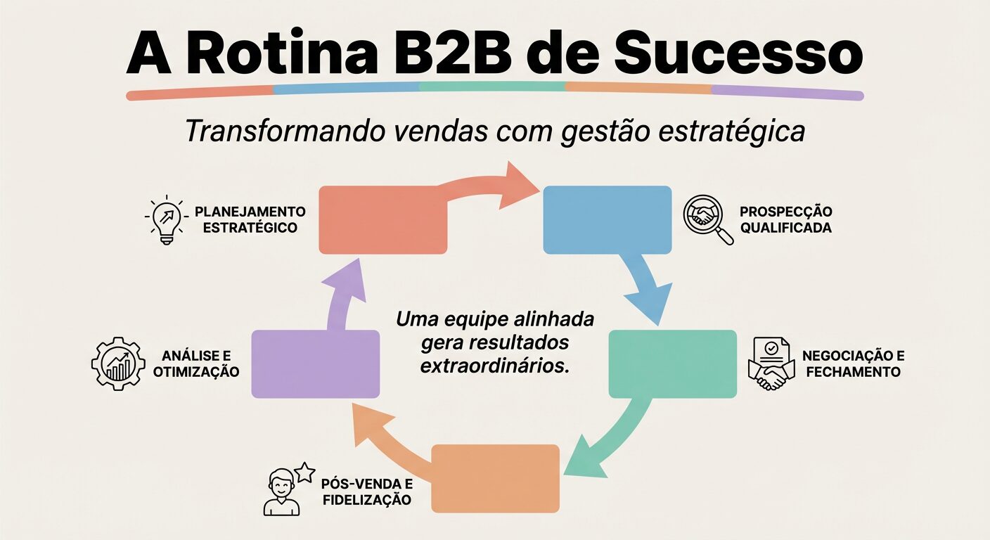 Infográfico educativo sobre a rotina de sucesso da gestão comercial B2B, mostrando um ciclo com as etapas de planejamento estratégico, prospecção qualificada, negociação e fechamento, pós-venda e fidelização, e análise e otimização. No centro, a frase 'Uma equipe alinhada gera resultados extraordinários.' com fundo off-white.