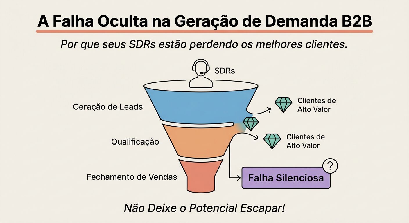 Infográfico educacional mostrando um funil de vendas com uma falha oculta onde clientes de alto valor escapam, ilustrando a "Falha Oculta na Geração de Demanda B2B" e como SDRs podem perdê-los.