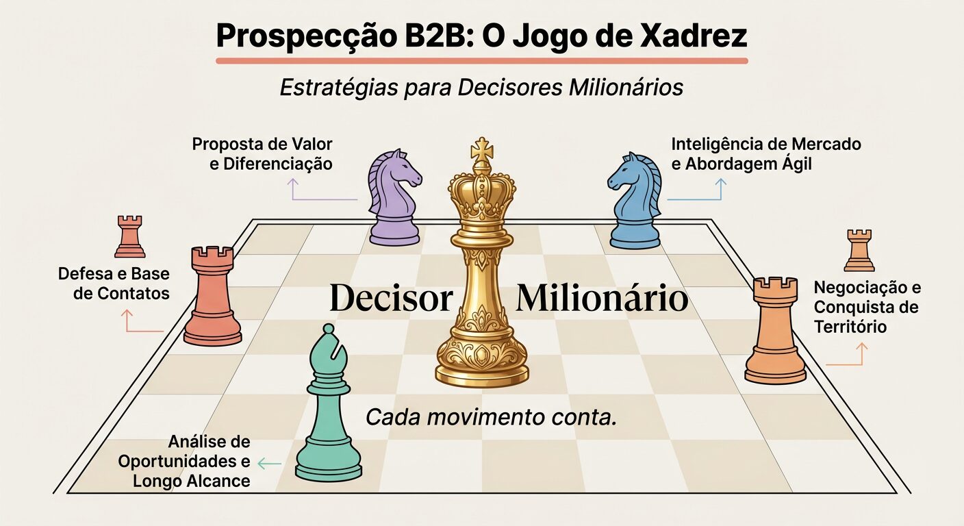 Infográfico visualizando a prospecção B2B como um jogo de xadrez estratégico, com um rei dourado no centro representando decisores milionários e peças coloridas simbolizando estratégias.