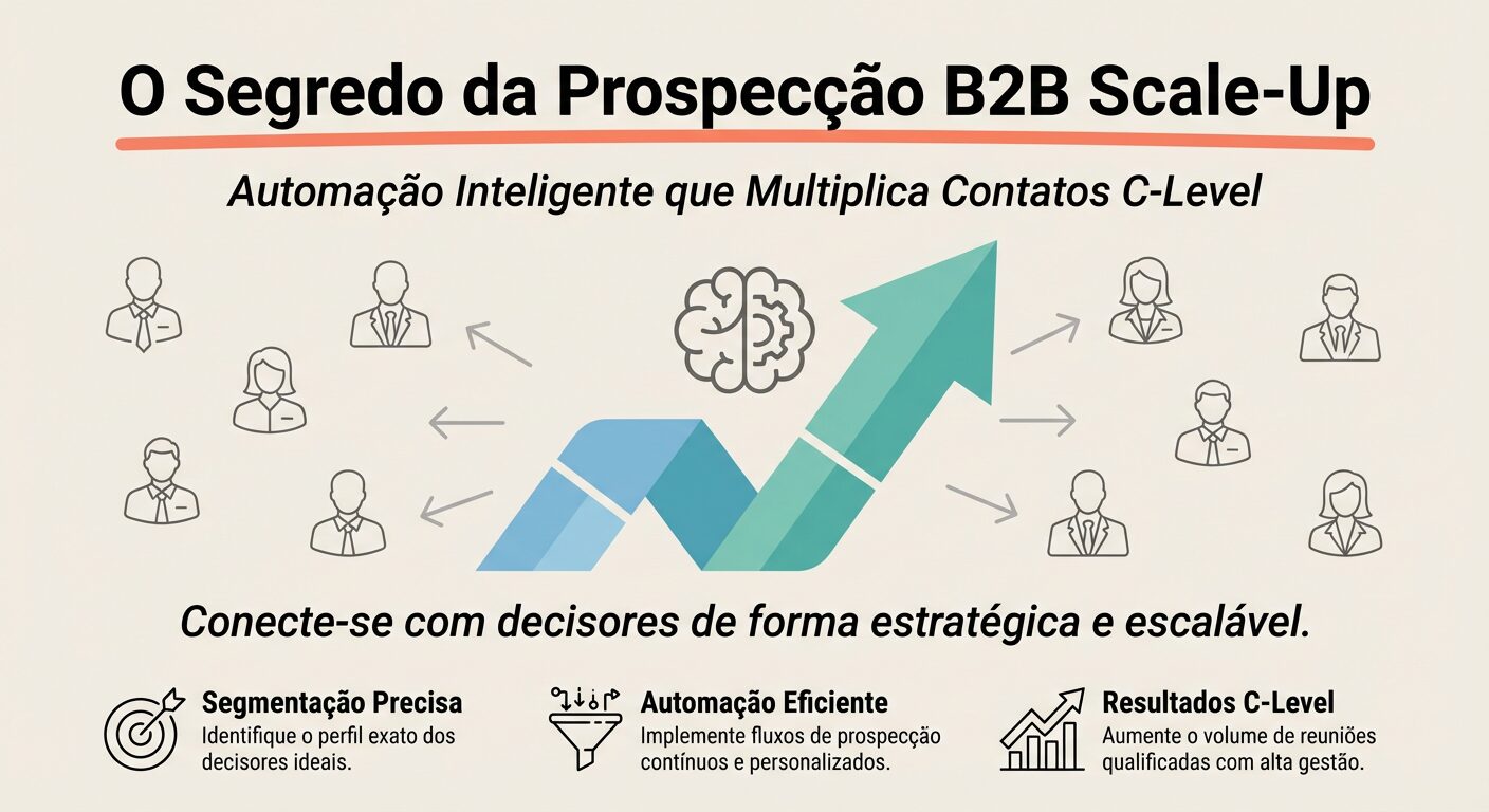 Infográfico de capa sobre o segredo da prospecção B2B scale-up, destacando a automação inteligente que multiplica contatos C-Level, com ícones de crescimento, inteligência e executivos.