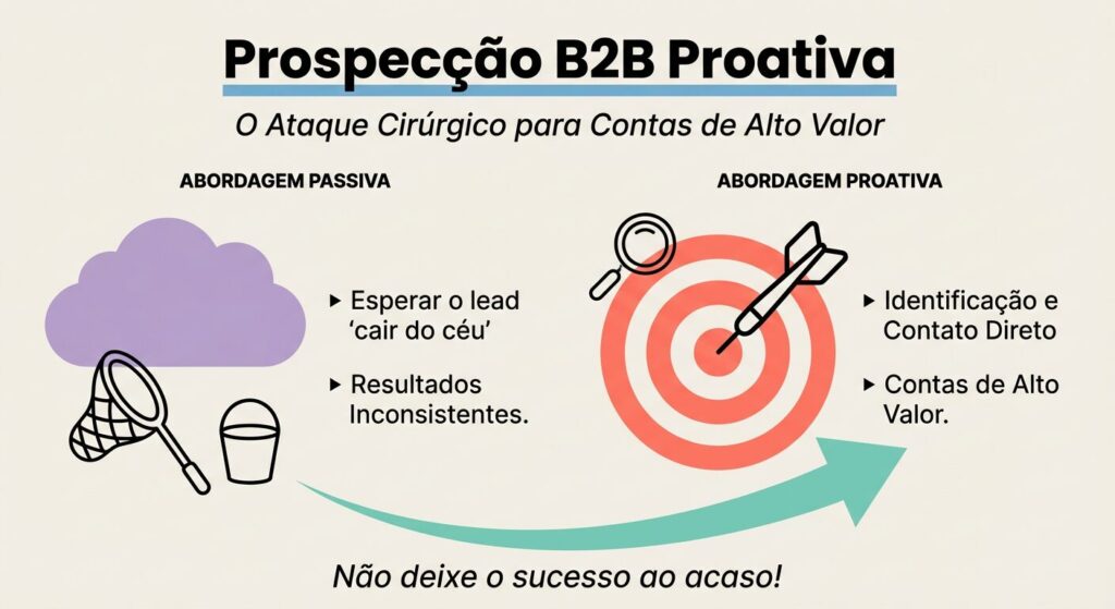 Infográfico comparando prospecção B2B passiva e proativa. No lado esquerdo, 'Abordagem Passiva' com ícone de nuvem e rede vazia, texto 'Esperar o lead 'cair do céu'' e 'Resultados Inconsistentes'. No lado direito, 'Abordagem Proativa' com ícone de alvo e dardo, texto 'Identificação e Contato Direto' e 'Contas de Alto Valor'. Um título 'Prospecção B2B Proativa' e a frase de impacto 'Não deixe o sucesso ao acaso!'