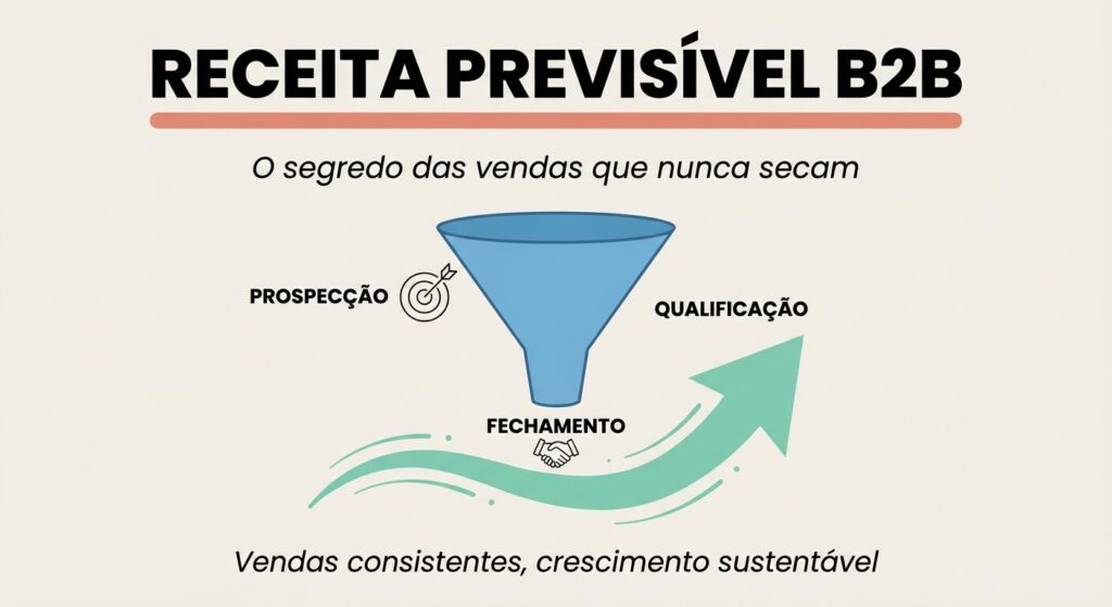 Infográfico explicando o conceito de Receita Previsível B2B, com um funil de vendas azul, setas de crescimento verde-água e as etapas de prospecção, qualificação e fechamento.