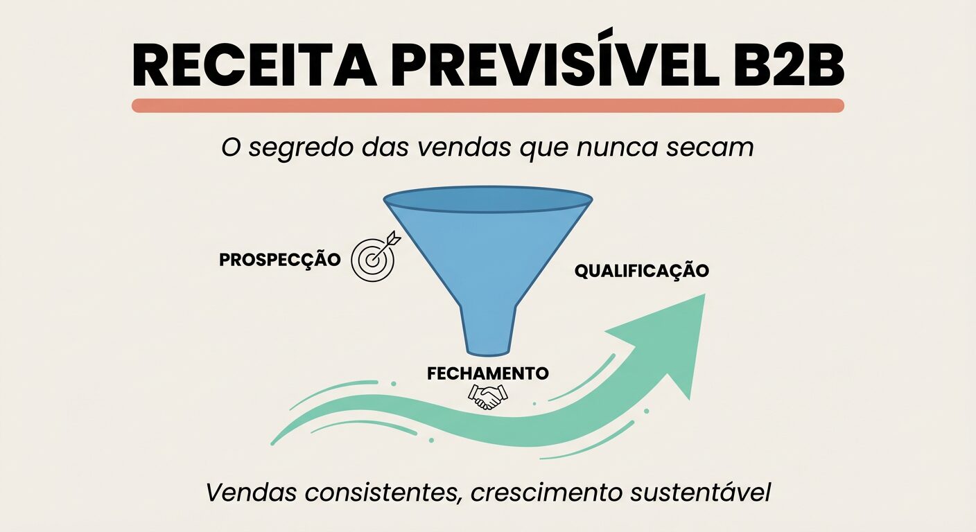 Infográfico explicando o conceito de Receita Previsível B2B, com um funil de vendas azul, setas de crescimento verde-água e as etapas de prospecção, qualificação e fechamento.