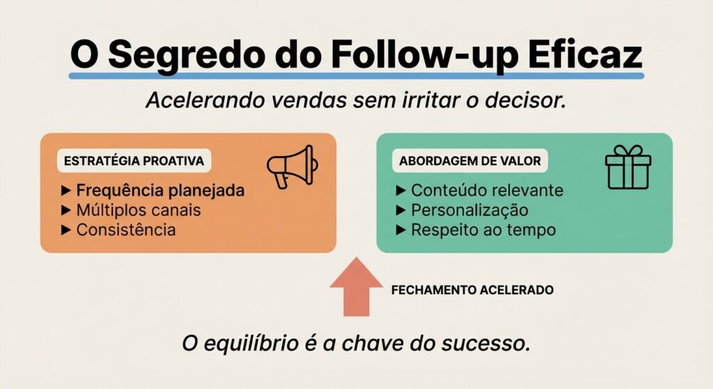 Um infográfico educativo com fundo off-white. O título é 'O Segredo do Follow-up Eficaz' com um subtítulo *Acelerando vendas sem irritar o decisor.* Dois blocos coloridos, um laranja para 'ESTRATÉGIA PROATIVA' (com itens como 'Frequência planejada') e um verde-água para 'ABORDAGEM DE VALOR' (com itens como 'Conteúdo relevante'), equilibram-se. Uma seta salmão central aponta para 'FECHAMENTO ACELERADO', e uma frase diz: *O equilíbrio é a chave do sucesso.*