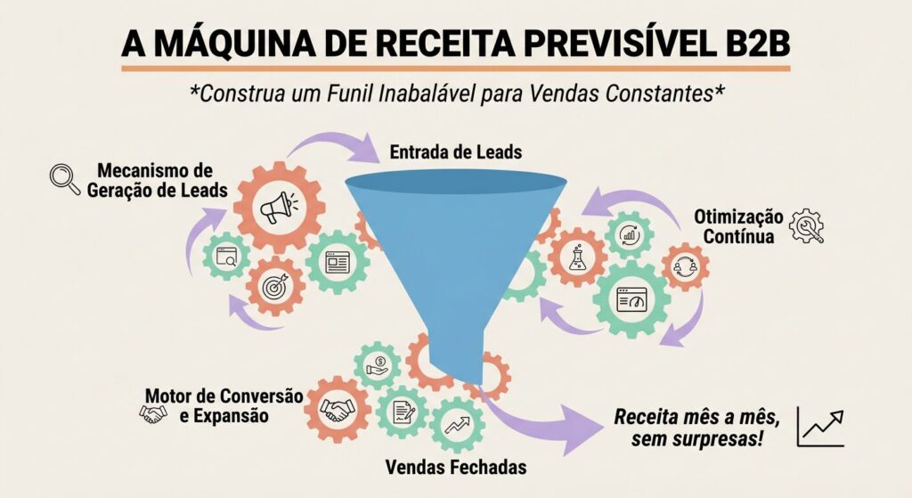 Infográfico educativo sobre como construir uma máquina de receita previsível B2B, mostrando um funil de vendas robusto integrado com engrenagens, representando um sistema de vendas contínuo e otimizado para entregas mensais.
