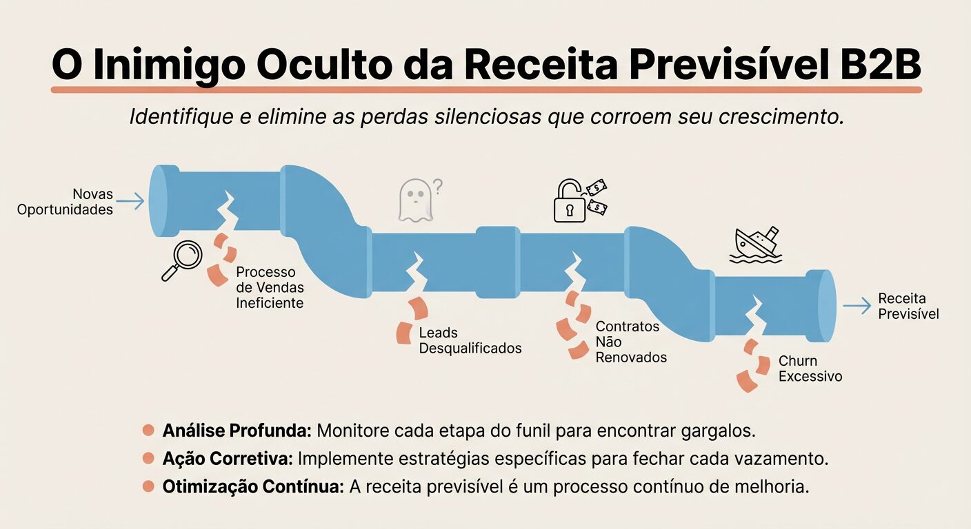 Infográfico educativo mostrando um pipeline de receita B2B com 'vazamentos' e clientes se perdendo, ilustrando o conceito de churn como um inimigo oculto. O título é 'O Inimigo Oculto da Receita Previsível B2B'.