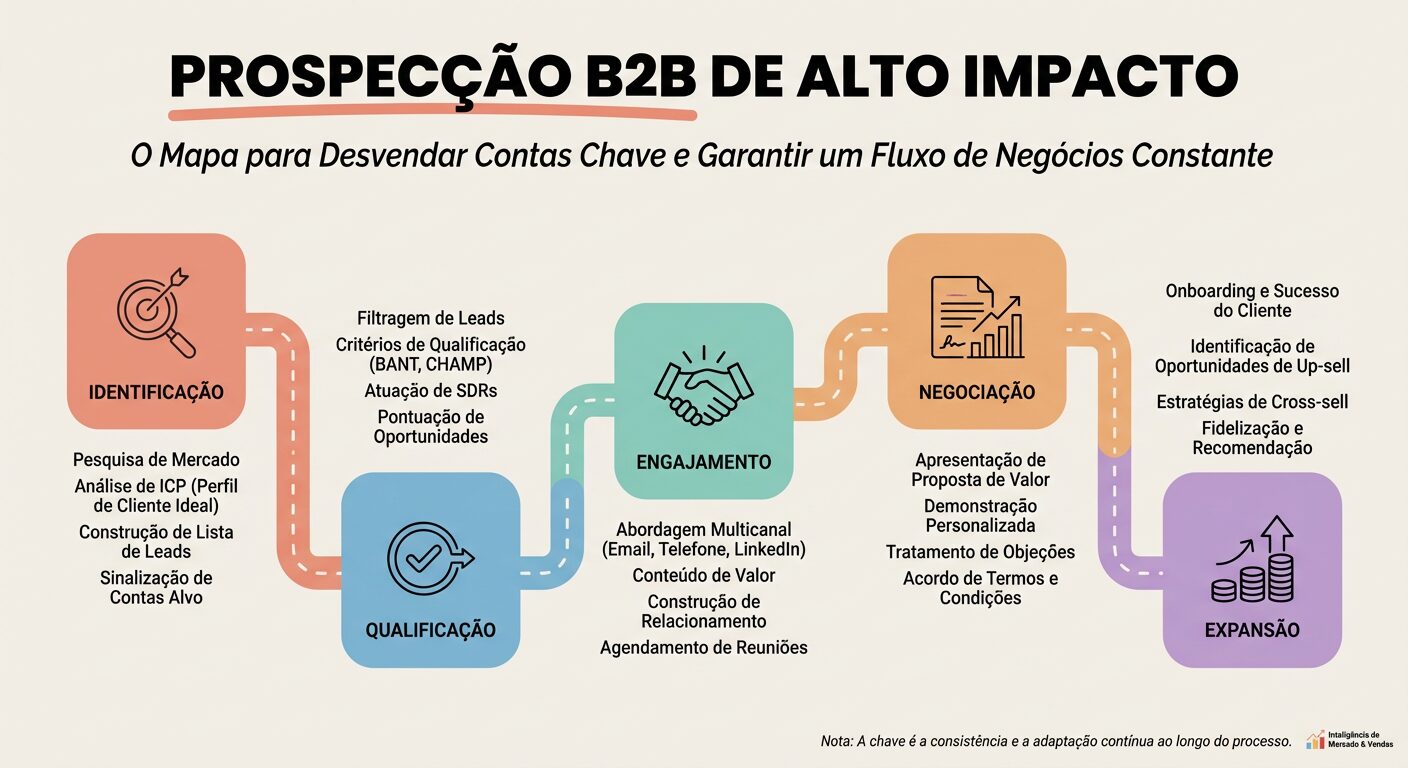 Infográfico educativo em tons pastel mostrando um mapa estratégico para prospecção B2B de alto impacto, com os passos de identificação, qualificação, engajamento, negociação e expansão, sobre um fundo off-white.