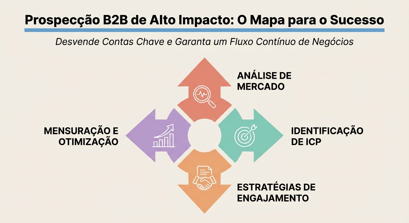 Infográfico com o título "Prospecção B2B de Alto Impacto: O Mapa para o Sucesso" e um subtítulo, ilustrando um mapa conceitual com quatro etapas principais para prospecção: Análise de Mercado, Identificação de ICP, Estratégias de Engajamento e Mensuração e Otimização, usando cores vibrantes e um fundo off-white.