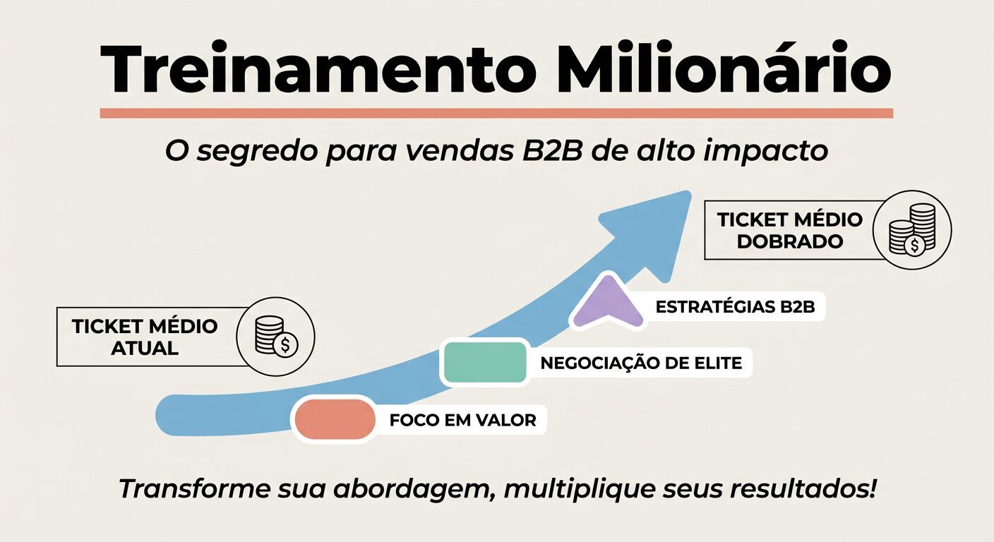 Infográfico educacional sobre treinamento milionário para vendas B2B, mostrando uma seta de crescimento do ticket médio atual para o ticket médio dobrado, com focos em valor, negociação e estratégias B2B.