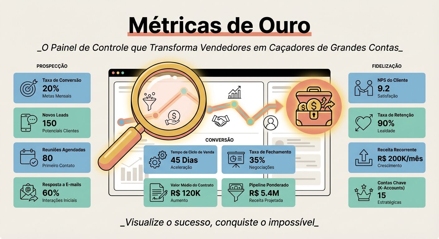 Infográfico com o título 'Métricas de Ouro', mostrando um painel de controle estilizado com uma lupa dourada sobre dados e um caminho para uma 'grande conta'. O gráfico representa a transformação de vendedores em caçadores de grandes contas através da análise de dados.