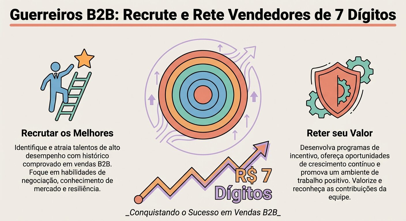Infográfico educacional para blog B2B sobre como recrutar e reter vendedores de alto desempenho, com ilustrações de um alvo, uma pessoa escalando uma escada, um escudo e um gráfico de crescimento financeiro.