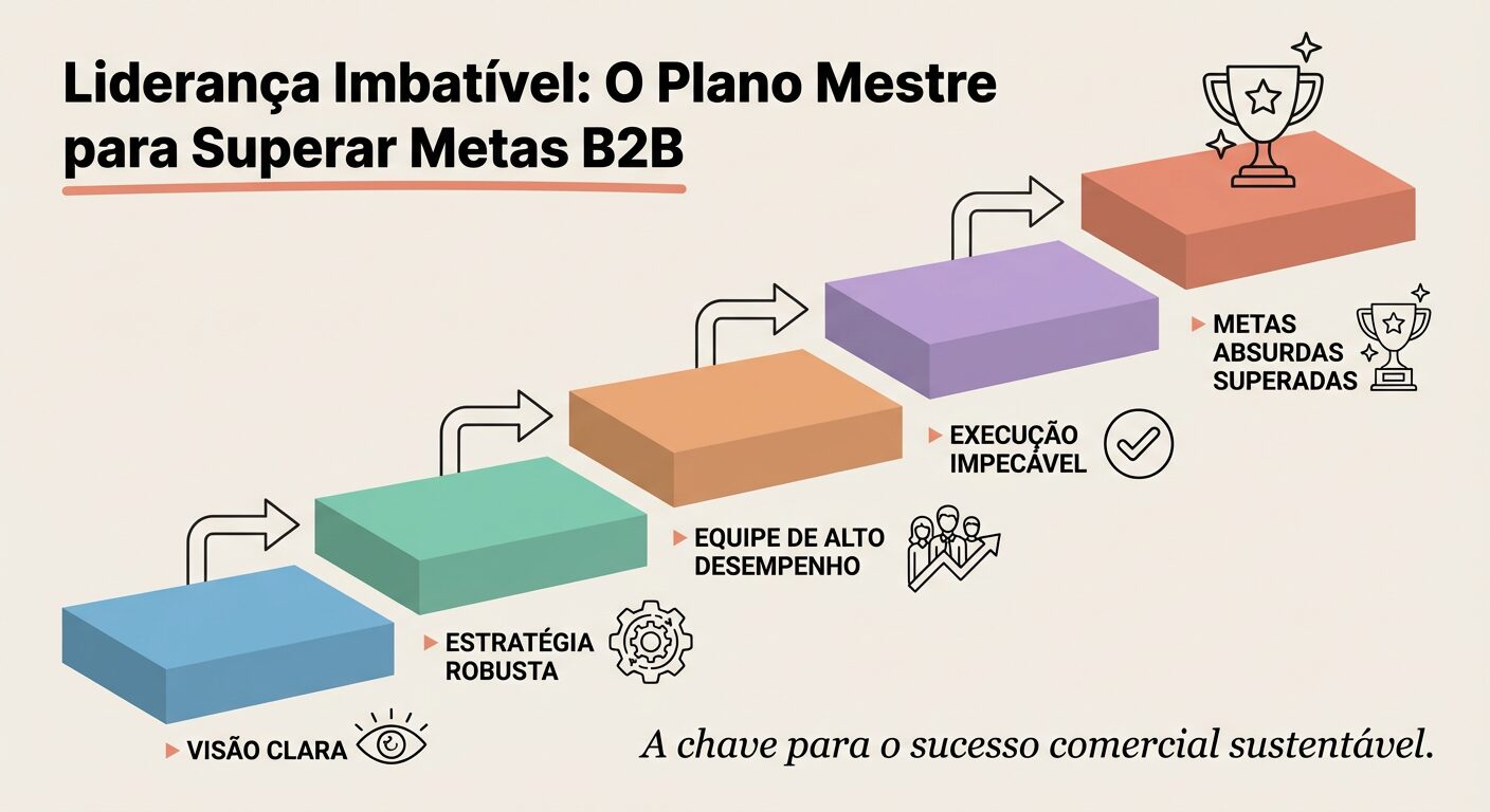 Infográfico educacional sobre o plano mestre para liderança imbatível e superação de metas B2B, mostrando um caminho ascendente de blocos coloridos com etapas como Visão Clara, Estratégia Robusta e Equipe de Alto Desempenho, culminando em Metas Absurdas Superadas. Título: Liderança Imbatível: O Plano Mestre para Superar Metas B2B.
