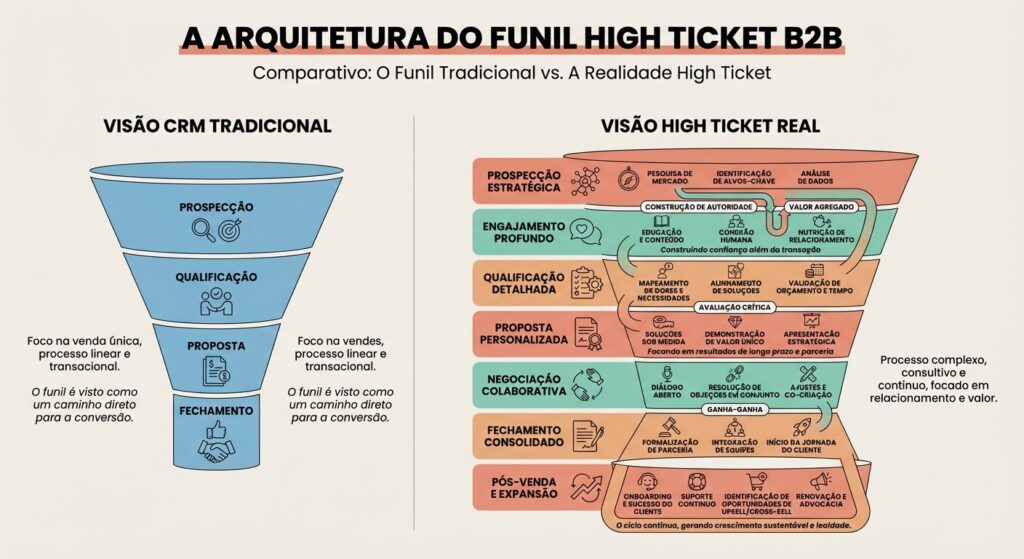 Uma imagem infográfica educativa que ilustra a complexa arquitetura do funil de vendas B2B high ticket, destacando suas etapas e a profundidade além do que um CRM tradicional mostra.