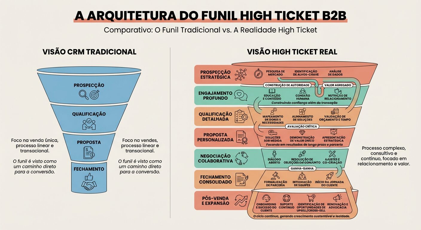 Uma imagem infográfica educativa que ilustra a complexa arquitetura do funil de vendas B2B high ticket, destacando suas etapas e a profundidade além do que um CRM tradicional mostra.