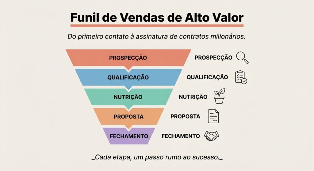 Um infográfico educativo que ilustra o Funil de Vendas de Alto Valor, mostrando as principais etapas desde a prospecção inicial até o fechamento de contratos milionários, com ícones e texto descritivo.