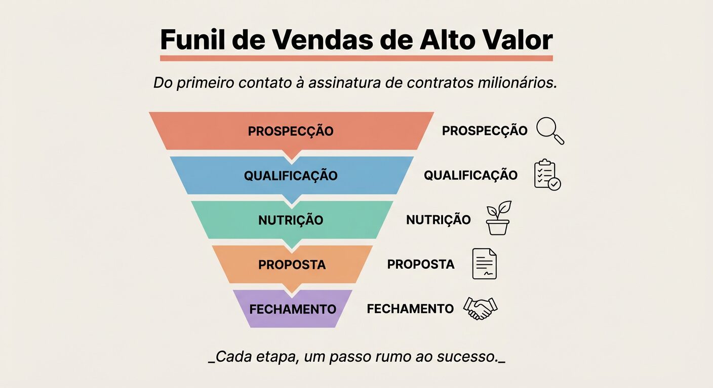 Um infográfico educativo que ilustra o Funil de Vendas de Alto Valor, mostrando as principais etapas desde a prospecção inicial até o fechamento de contratos milionários, com ícones e texto descritivo.