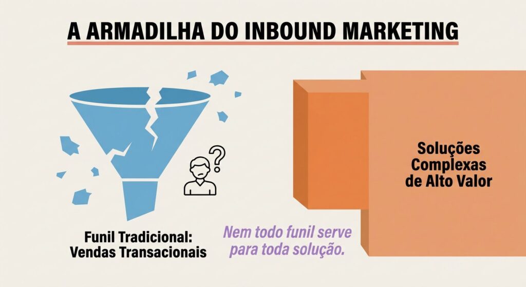 Infográfico educativo sobre a armadilha do Inbound Marketing para soluções complexas. Apresenta um funil de vendas tradicional quebrado, com um bloco sólido de 'Soluções Complexas de Alto Valor' que não se encaixa, simbolizando o desalinhamento. O título é 'A ARMADILHA DO INBOUND MARKETING' com a frase 'Nem todo funil serve para toda solução.'