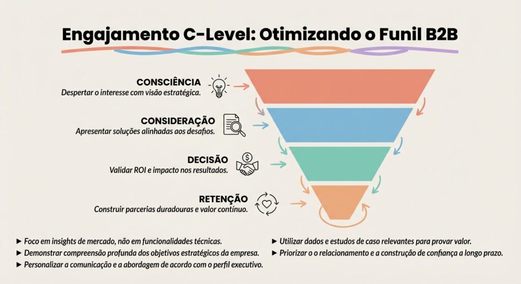Infográfico educacional sobre engajamento C-Level, apresentando um funil de vendas B2B dividido em quatro estágios: Consciência, Consideração, Decisão e Retenção. Cada estágio detalha o foco estratégico para decisores, com ícones ilustrativos e texto em português sobre um fundo off-white.