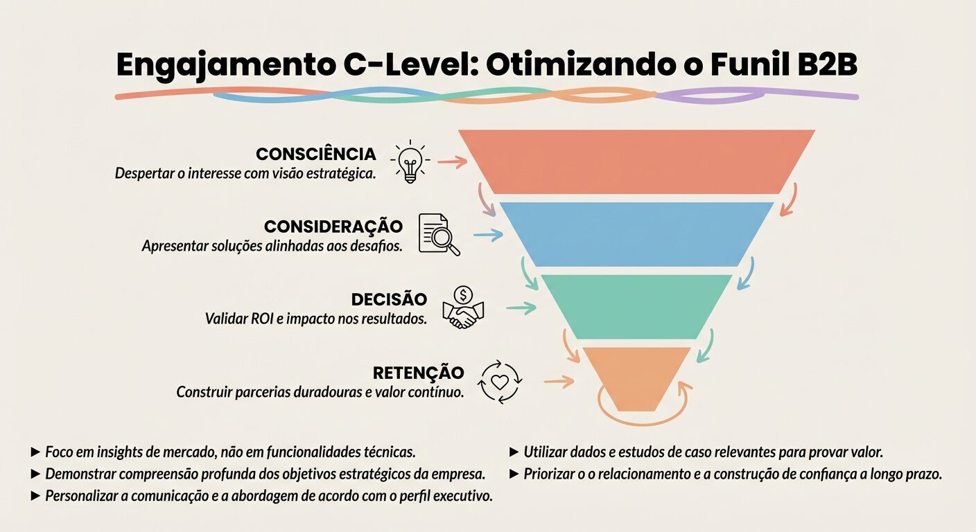 Infográfico educacional sobre engajamento C-Level, apresentando um funil de vendas B2B dividido em quatro estágios: Consciência, Consideração, Decisão e Retenção. Cada estágio detalha o foco estratégico para decisores, com ícones ilustrativos e texto em português sobre um fundo off-white.
