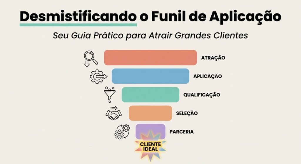 Infográfico com funil estilizado em cores vibrantes (salmão, azul, água, laranja, lilás) sobre fundo off-white. Título 'Desmistificando o Funil de Aplicação' e subtítulo 'Seu Guia Prático para Atrair Grandes Clientes'. Ícones de lupa e engrenagem simbolizam qualificação, levando a um bloco 'CLIENTE IDEAL'.
