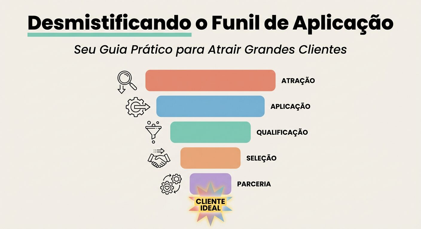 Infográfico com funil estilizado em cores vibrantes (salmão, azul, água, laranja, lilás) sobre fundo off-white. Título 'Desmistificando o Funil de Aplicação' e subtítulo 'Seu Guia Prático para Atrair Grandes Clientes'. Ícones de lupa e engrenagem simbolizam qualificação, levando a um bloco 'CLIENTE IDEAL'.